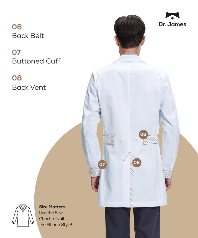 DR. JAMES معطف مختبر استشارات الرجال من د. جيمس، مقاس نحيف، مع جيوب متعددة، أبيض، بطول 36 بوصة (صغير) - Image 4